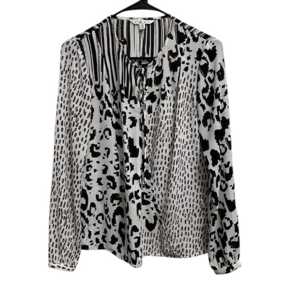 Cabi‎ XS Animal Print Blouse Top Tie Neck Long Sleeve Abstract White Black - Picture 2 of 15